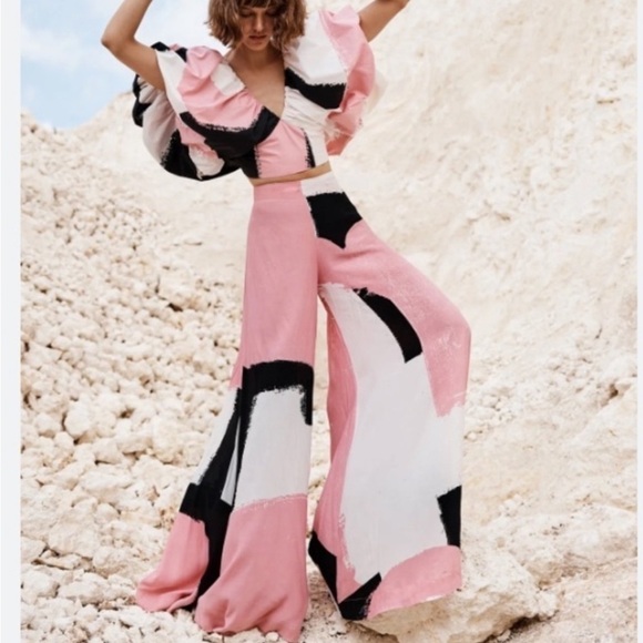 SWF Wide Leg Flowy Pants Pink Combo Graphic - Picture 2 of 12